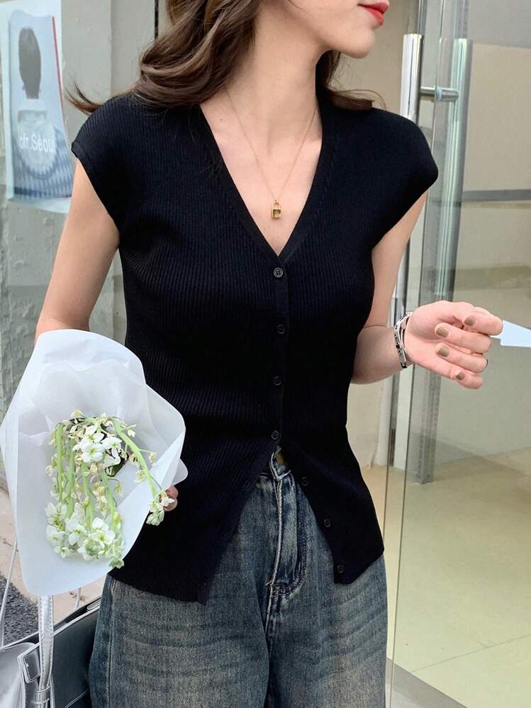 DAZY レディーススリムフィット ノースリーブVネックニットトップ
