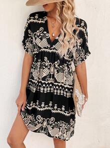 SHEIN LUNE Vestido de muñeca asimétrico estampado bohemio para mujeres, vacaciones de verano - Negro - Ver 6