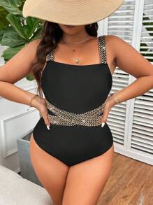 Swim Lushoire Summer Beach Plus Size Slimming One-Piece Swimsuit With Woven Straps - Black - View 3