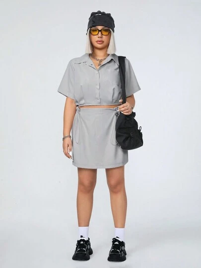 SHEIN EZwear CURVE 2024 时尚街头风格休闲户外大码女式短袖衬衫和裙子工作服两件套