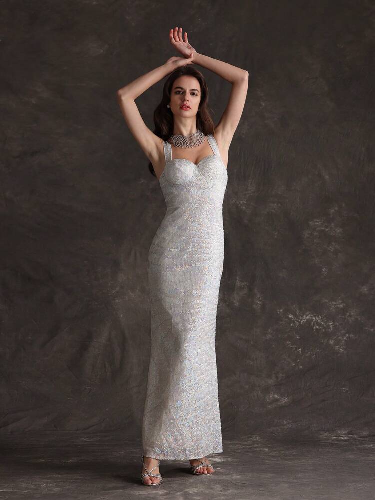 Glittery Backless Slit Tank Dress