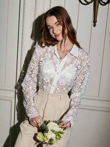 GENKIRA 女性薄透蕾絲透視襯衫 - 白色 - 查看 6