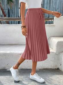 SHEIN Frenchy Solid Color Elastic Waist Pleated Skirt - Redwood - View 4