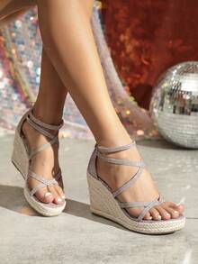 Women's Minimalist Ankle Strap Espadrille Shoes, Holiday Pink Rhinestone Detail Rear Zipper Jute Platform Wedge Sandals - Pink - View 6