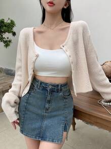 DAZY Drop Shoulder Button Placket Cardigan - White - View 7