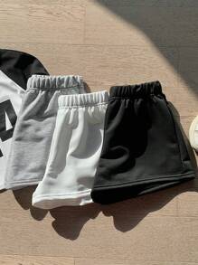 Comfortcana 3pcs Women Solid Color Elastic Waist Shorts Gym Shorts - Multicolor - View 8