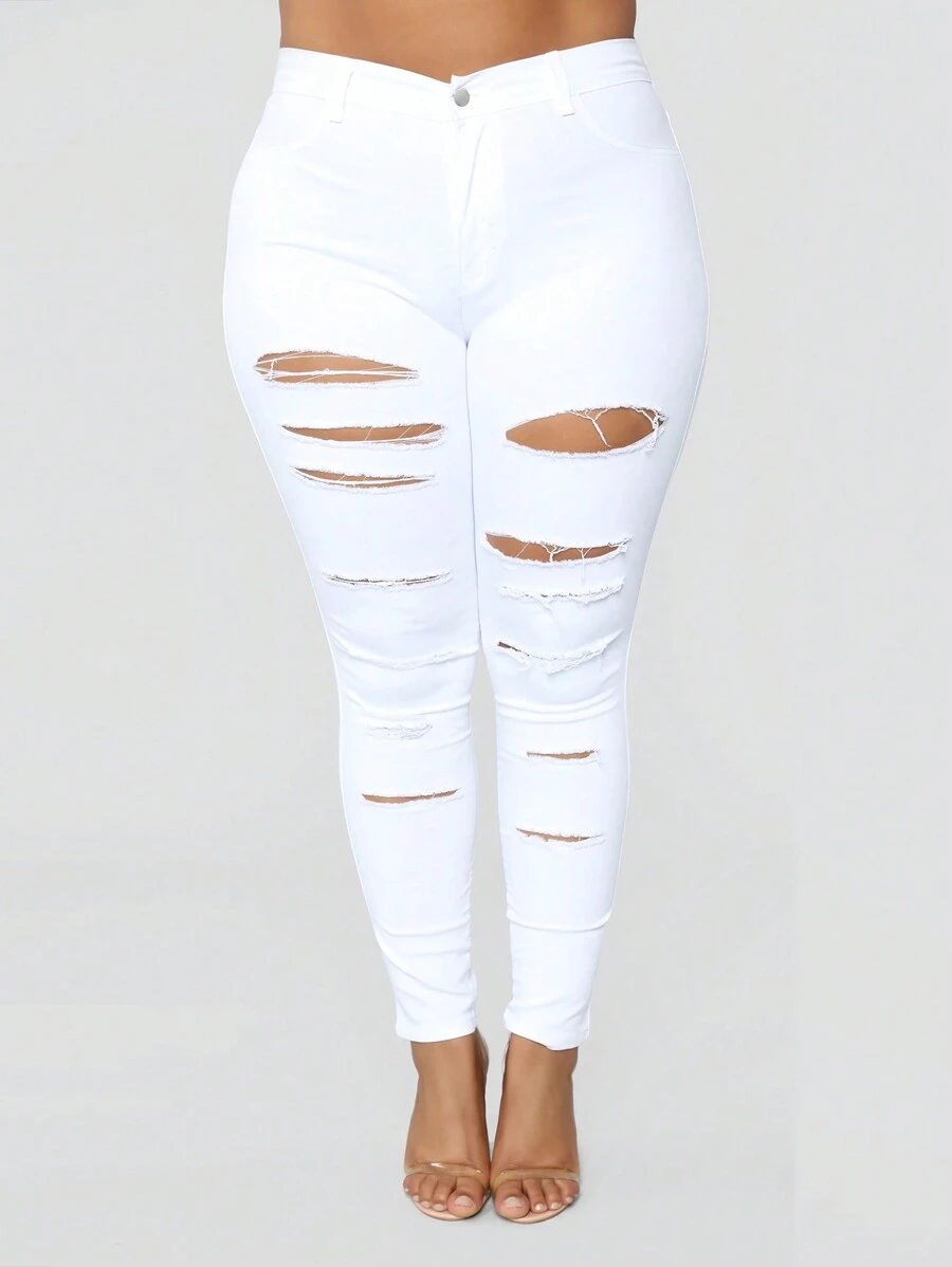 Pantalones ajustados, rasgados y de talla grande con pie pequeño - Blanco - Ver 1