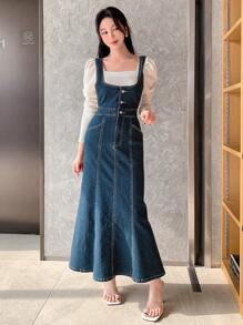 DAZY 水手裙襬釦扣半開口丹寧裙 - 藍色 - 查看 4