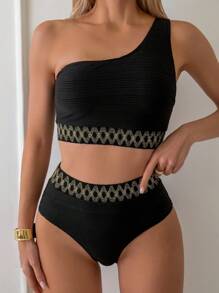 SHEIN Swim Women's One-Shoulder Sleeveless Geometric Pattern Bikini Set, Set Summer Beach - Black - View 3