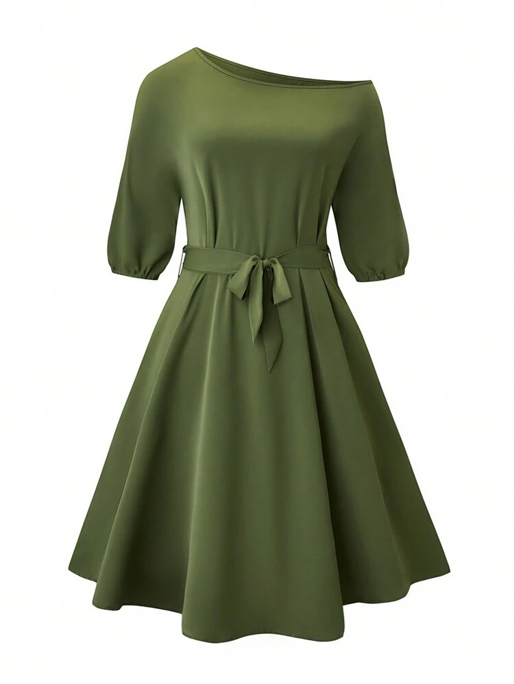 Plus Size Women's Obique-shoulder Belted Dress