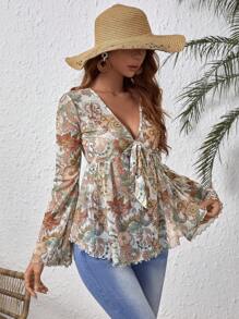 SHEIN VCAY Women's Floral Print Tie Front Flare Sleeve Shirt - White - View 6