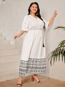 Mulvari Robe Grande Taille À Manches À Volants Avec Imprimé Géométrique - Blanc - Voir 5