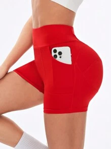 Yoga Basic Solid Color Wide Waistband With Pockets Sports Shorts Booty Shorts - Red - View 3