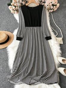 DreamSkyne Women's Houndstooth Long Sleeve Dress Maxi Women Outfit Fall Cloth For Women