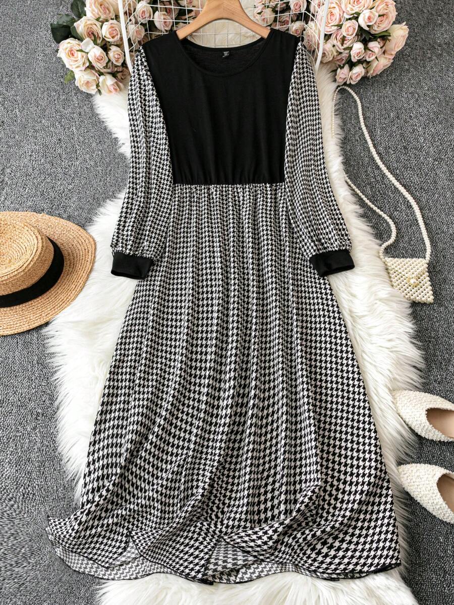 DreamSkyne Women's Houndstooth Long Sleeve Dress Maxi Women Outfit Fall Cloth For Women