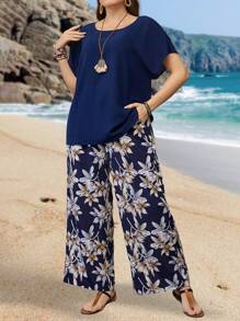 EMERY ROSE 大码纯色圆领短袖上衣和花卉印花阔腿裤，夏季 - 藏蓝色 - 查看 3