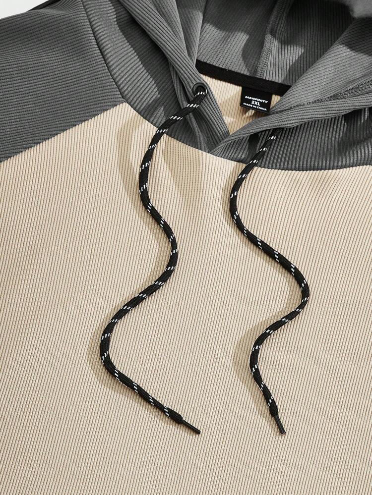 Men's Plus Size Casual Drawstring Sweatshirt With Color Block Patchwork, For Fall Winter