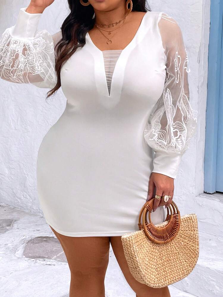 Plus Size Embroidered Mesh Contrast Lantern Sleeve Dress Fall Cloth For Women