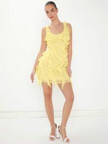 Enchnt Women's Solid Color Patchwork Ruffles Sleeveless Dress - Yellow - View 5