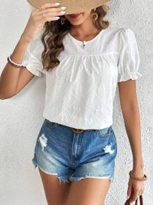 SHEIN LUNE Của phụ nữ Màu thuần Bong bóng Tay áo Áo sơ mi Với Kết cấu - trắng - Xem 5