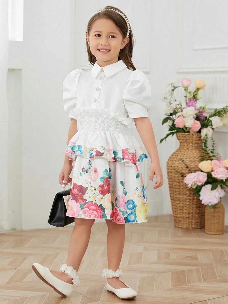 Young Girl's Floral Print Patchwork Leg-Of-Mutton Sleeve Dress