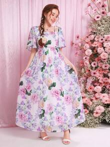 SHEIN Teen Girl's Woven Square Neck Floral Printed Dress
