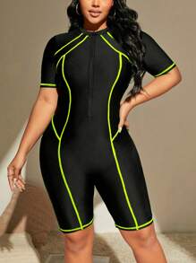 SHEIN Swim Curve Summer Beach Plus Size Colorblocked One-Piece Swimsuit With Contrast Binding Design, Short Sleeve Bathing Suit Beach Outfit Rash Guard Surfing Vacay Vibe - Black - View 5