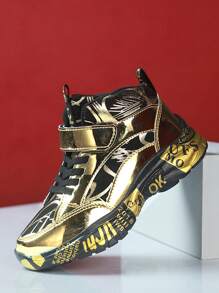 1pair Kids' Winter Sports Shoes, Mid-Top, Mirror Pu Leather With Warm Lining - Gold - View 2