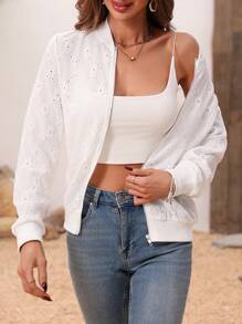 SHEIN LUNE Chaquetas Casuales Bordadas Con Diseño Ahuecado Y Cierre A Través De Cremallera - Blanco - Ver 4