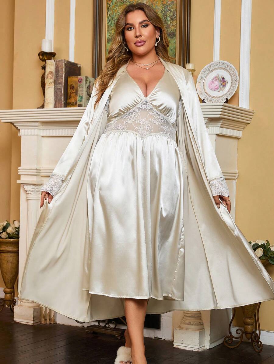 Plus Size Lace & Satin Chemise Set - Champagne - View 1