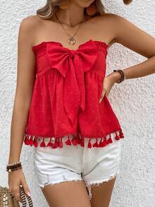 SHEIN VCAY 瑞士小點印花無肩帶上衣,蝴蝶結裝飾流蘇邊緣 - 紅色 - 查看 6