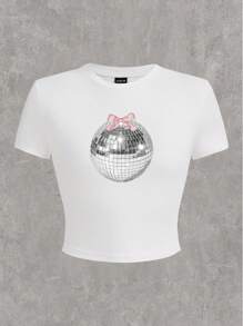 SHEIN EZwear Casual Pink Bow & Balloon Pattern Round Neck Short Sleeve Cropped Fitted Women T-Shirt, Cotton Blend, Suitable For Summer - White - View 3