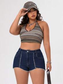 SHEIN ICON Pantalones Cortos De Mezclilla Ajustados De Talla Grande Con Dobladillo Deshilachado