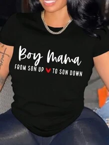 INAWLY Áo thun nữ tay ngắn in khẩu hiệu và cổ tròn, áo phông họa tiết Boy Mama FROM SON UP Love TO SON DOWN dành cho nữ - màu đen - Xem 1