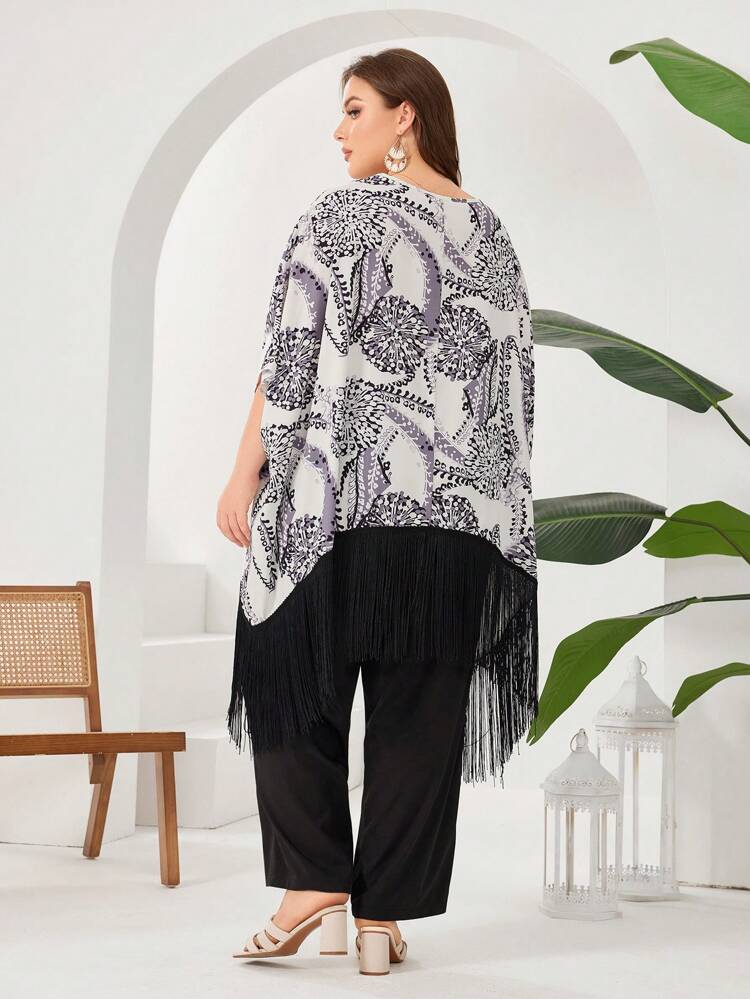 Plus Size Floral Print Tassel Hem Batwing Sleeve Top And Solid Color Pants Two Pieces Set