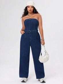 SHEIN ICON 大尺碼牛仔無肩帶連身褲 - 中等水洗藍 - 查看 5