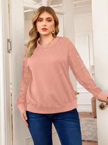 SHEIN LUNE Plus Size Women's Contrast Lace Raglan Long Sleeve Round Neck Sweatshirt Graduation,Back To School,Teacher Pullover Fall Winter Autumn - Pink - View 6