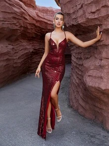 LOVE&LEMONADE 女士性感亮片露背系带吊带背心连衣裙，适合晚会 - 酒紅色 - 查看 5