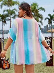 SHEIN SunnyBelle 大尺碼女性休閒浪漫漸變色長款披肩領針織開衫,襯墊胸衣上衣和短褲3入組合設 - 藍色 - 查看 2