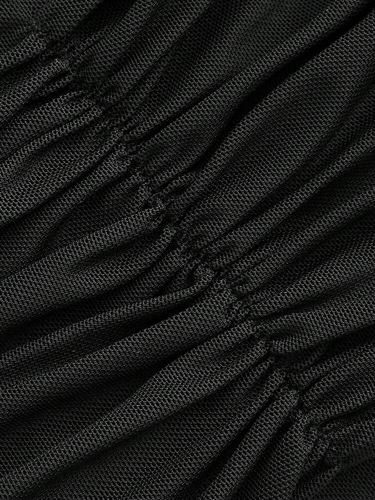 Plus Size Solid Color Net Yarn Pleated Halterneck Long Sleeve T-Shirt Spring Tops Y2k Concert Outfits