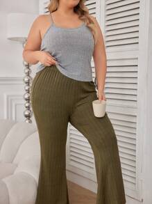 大尺碼女士純色肋紋背心和褲子睡衣套裝