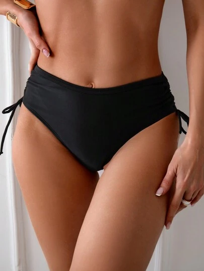 SHEIN Swim Quần bikini xếp nếp màu trơn đi biển mùa hè dành cho nữ có dây rút bên hông