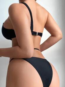 Swim SXY Summer Beach Women's Solid Color Hollow Out Chain Decor Bikini Set - Black - View 2