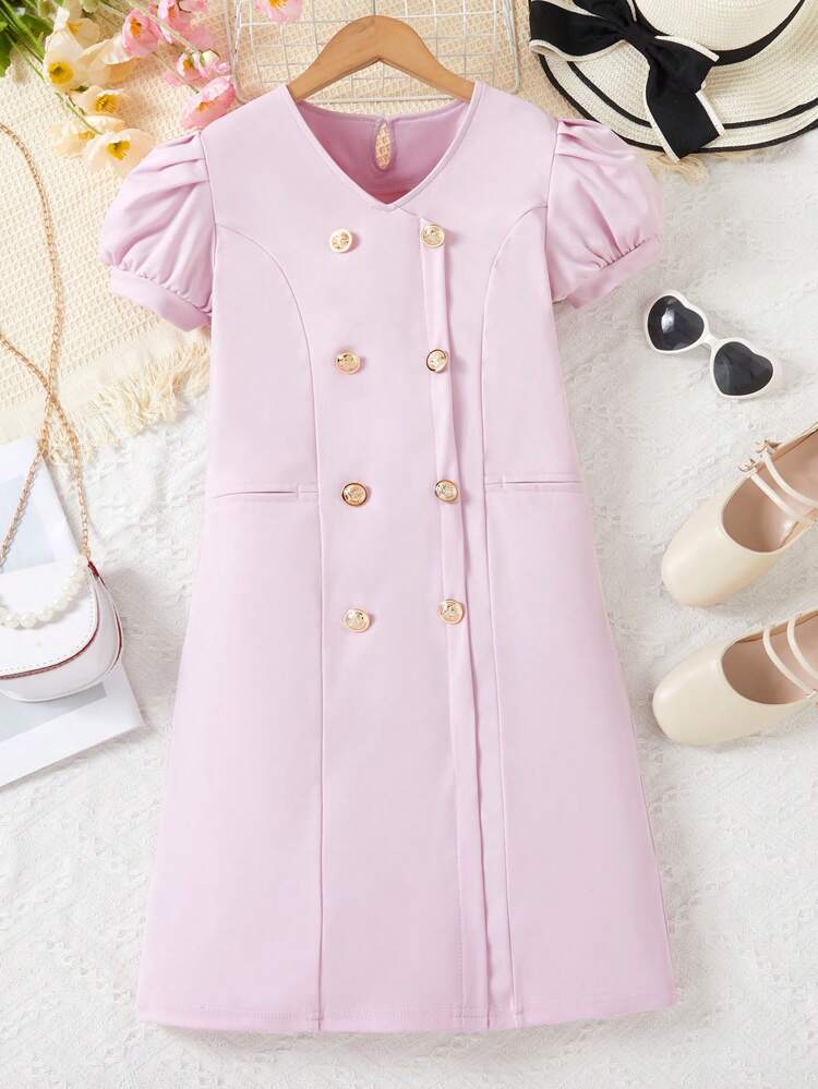 Tween Girl Solid Color Puff Sleeve Double Breasted Dress