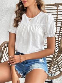 SHEIN LUNE Của phụ nữ Màu thuần Bong bóng Tay áo Áo sơ mi Với Kết cấu - trắng - Xem 1