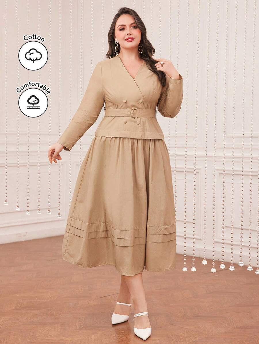 Modelyn Plus Size Casual Solid Color Dress Long Evening Dresses - Khaki - View 1