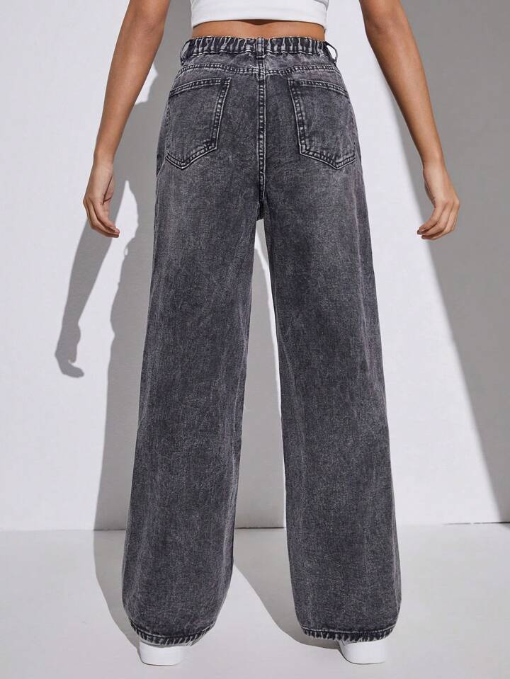 SHEIN Teenage Girls' Water Washed Distressed Elastic Waist
