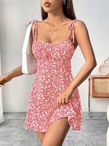 Breezaya Vestido Curto Mulheres Estampa Floral Miúda Halterneck Espaguete de Verão com Cintura Ajustável - Rosa chiclete - Visão 3