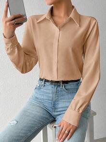 SHEIN Privé 女士純色襯衫連身衣 - 卡其色 - 查看 4