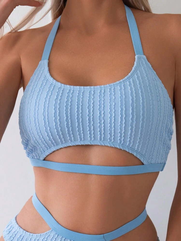 Solid Color Cutout Texture Halter Bikini Set Summer
